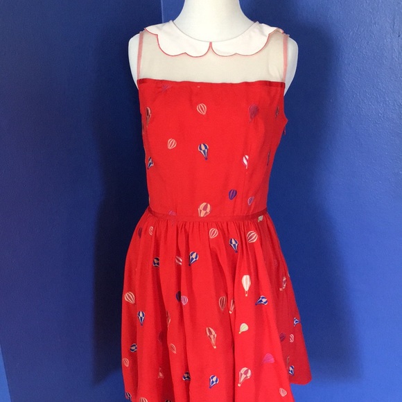 Nishe Red dress with multicolor embroidered hot air balloons & Peter Pan collar - Picture 3 of 15